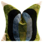 Handmade Silk Velvet Striped Throw Pillow - 16x16, Bold Green, Blue, and Black Design with Down Feather Insert Canvello