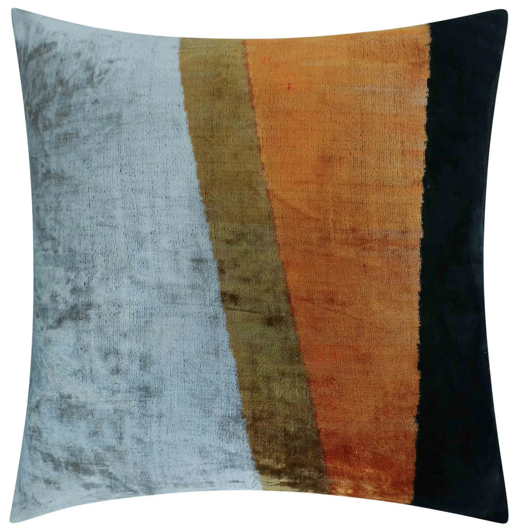 Handmade Silk Velvet Striped Throw Pillow - 20x20, Bold White, Gold, Orange, and Black Design with Down Feather Insert Canvello