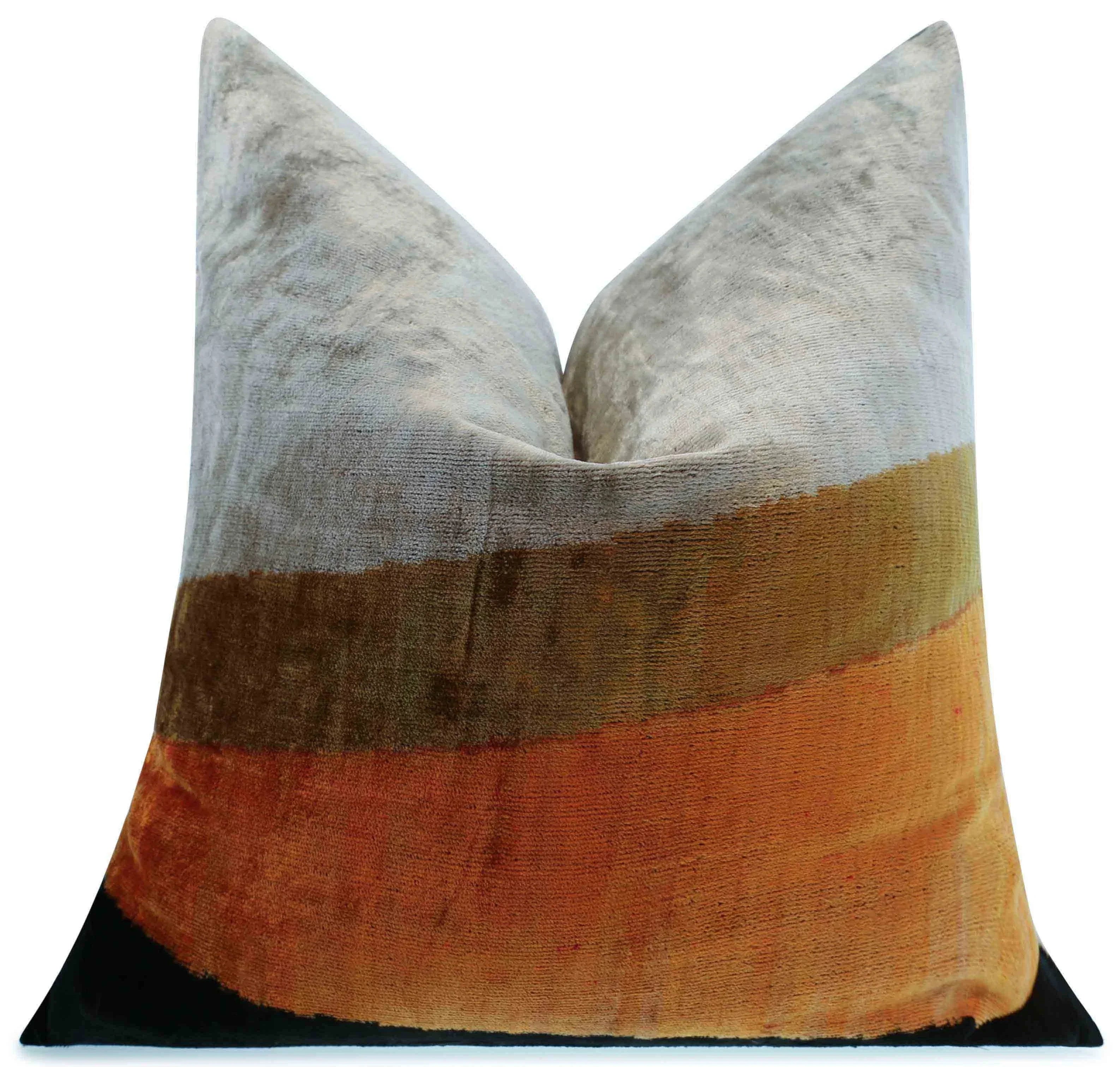 Handmade Silk Velvet Striped Throw Pillow - 20x20, Bold White, Gold, Orange, and Black Design with Down Feather Insert Canvello
