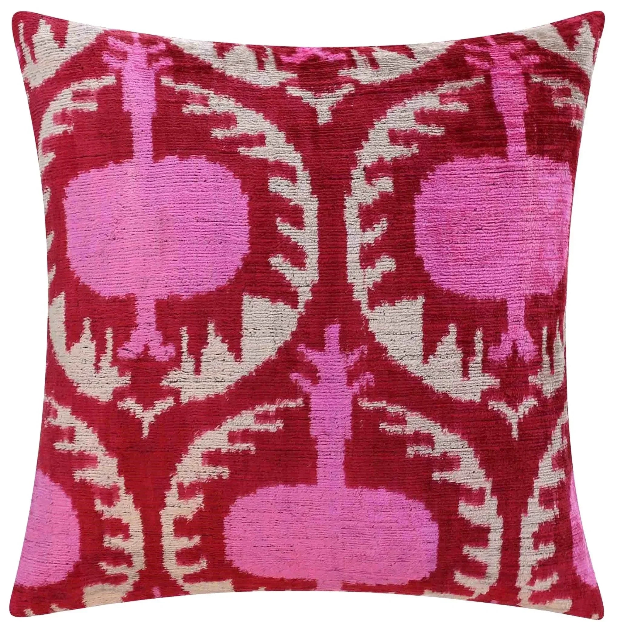 Handmade Silk Velvet Throw Pillow - 16x16, Red and Pink Traditional Design with Down Feather Insert Canvello