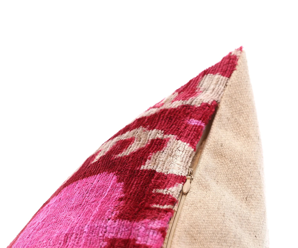 Handmade Silk Velvet Throw Pillow - 16x16, Red and Pink Traditional Design with Down Feather Insert Canvello