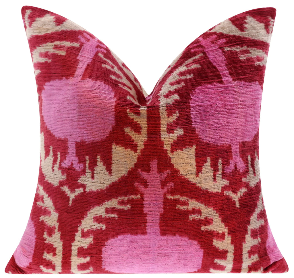 Handmade Silk Velvet Throw Pillow - 16x16, Red and Pink Traditional Design with Down Feather Insert Canvello