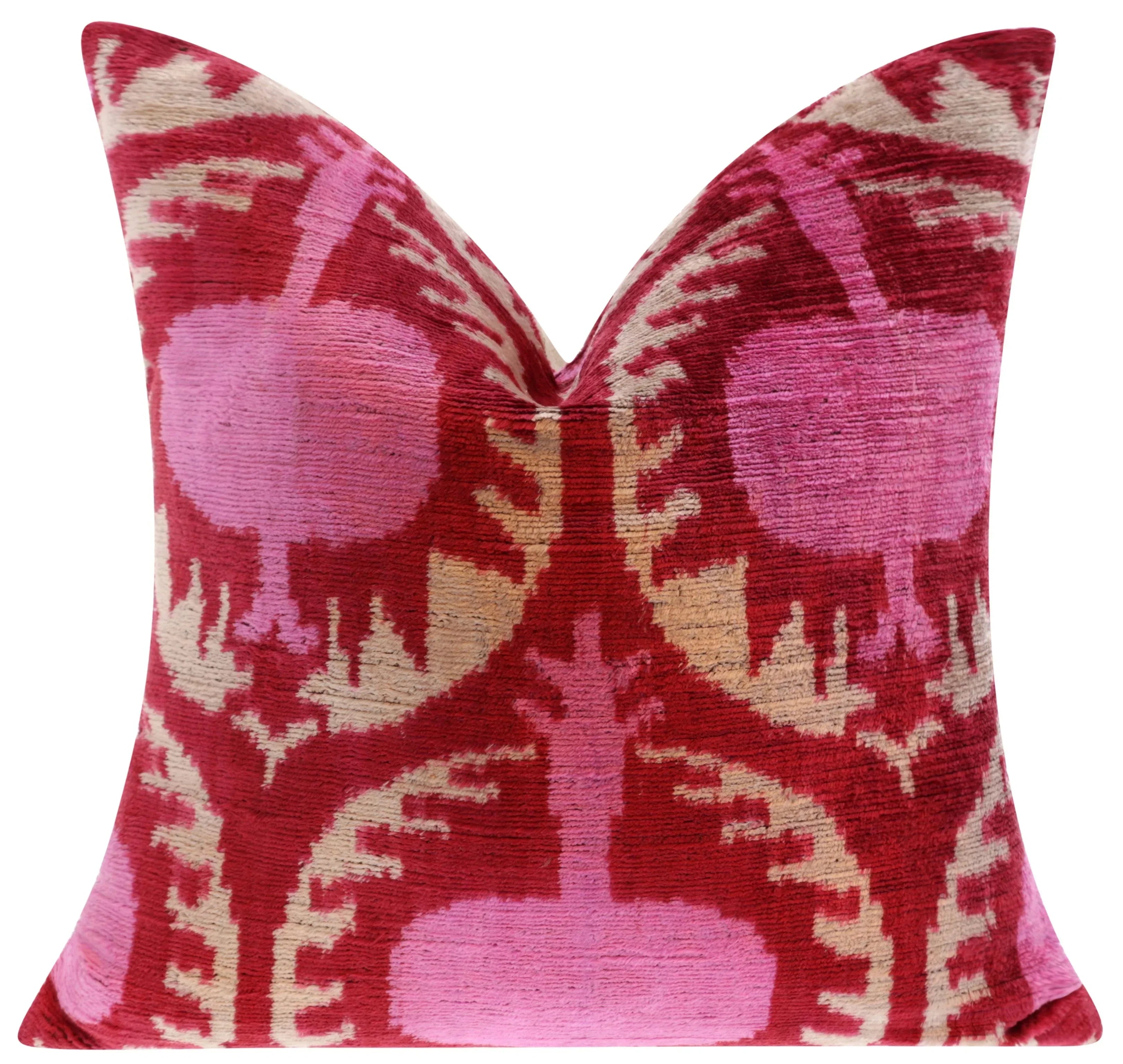 Handmade Silk Velvet Throw Pillow - 16x16, Red and Pink Traditional Design with Down Feather Insert Canvello