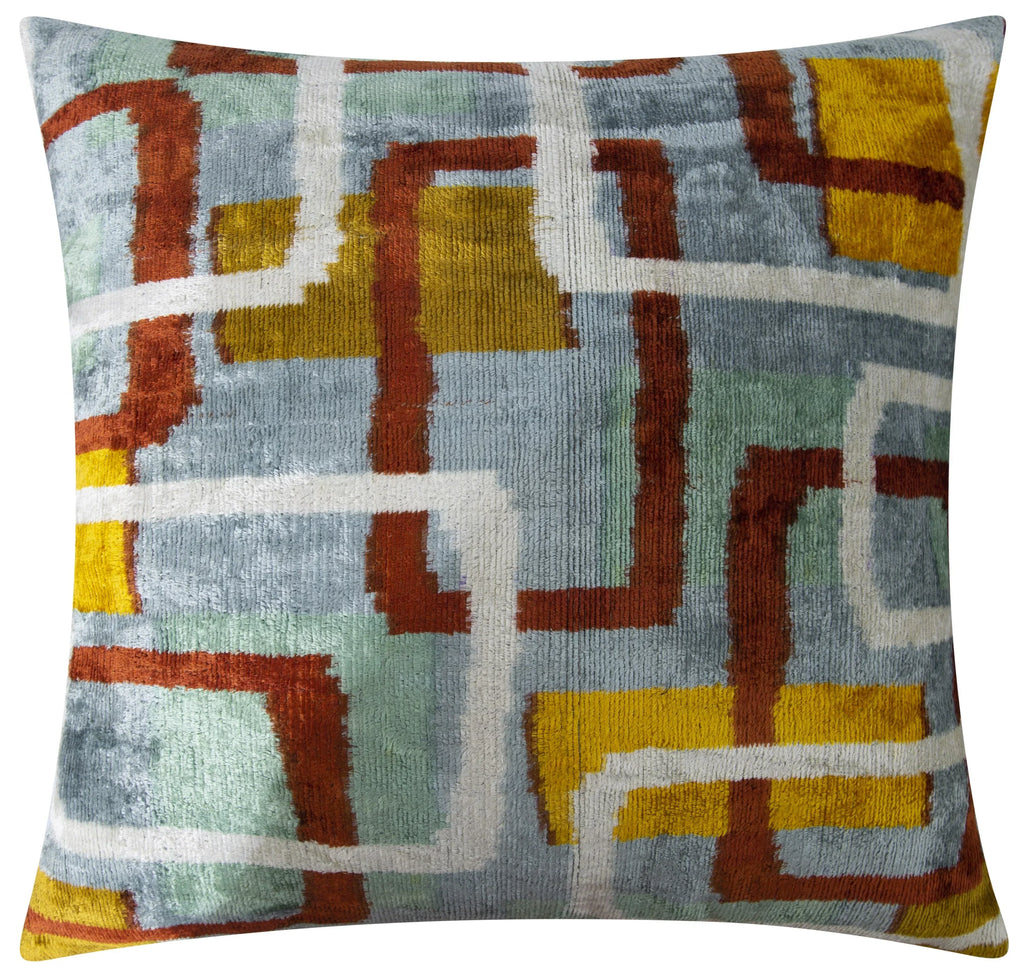 Handmade Silk Velvet Throw Pillow - 20x20, Modern Geometric Design in Burnt Orange, Yellow, and Mint Green with Down Feather Insert Canvello