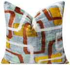 Handmade Silk Velvet Throw Pillow - 20x20, Modern Geometric Design in Burnt Orange, Yellow, and Mint Green with Down Feather Insert Canvello