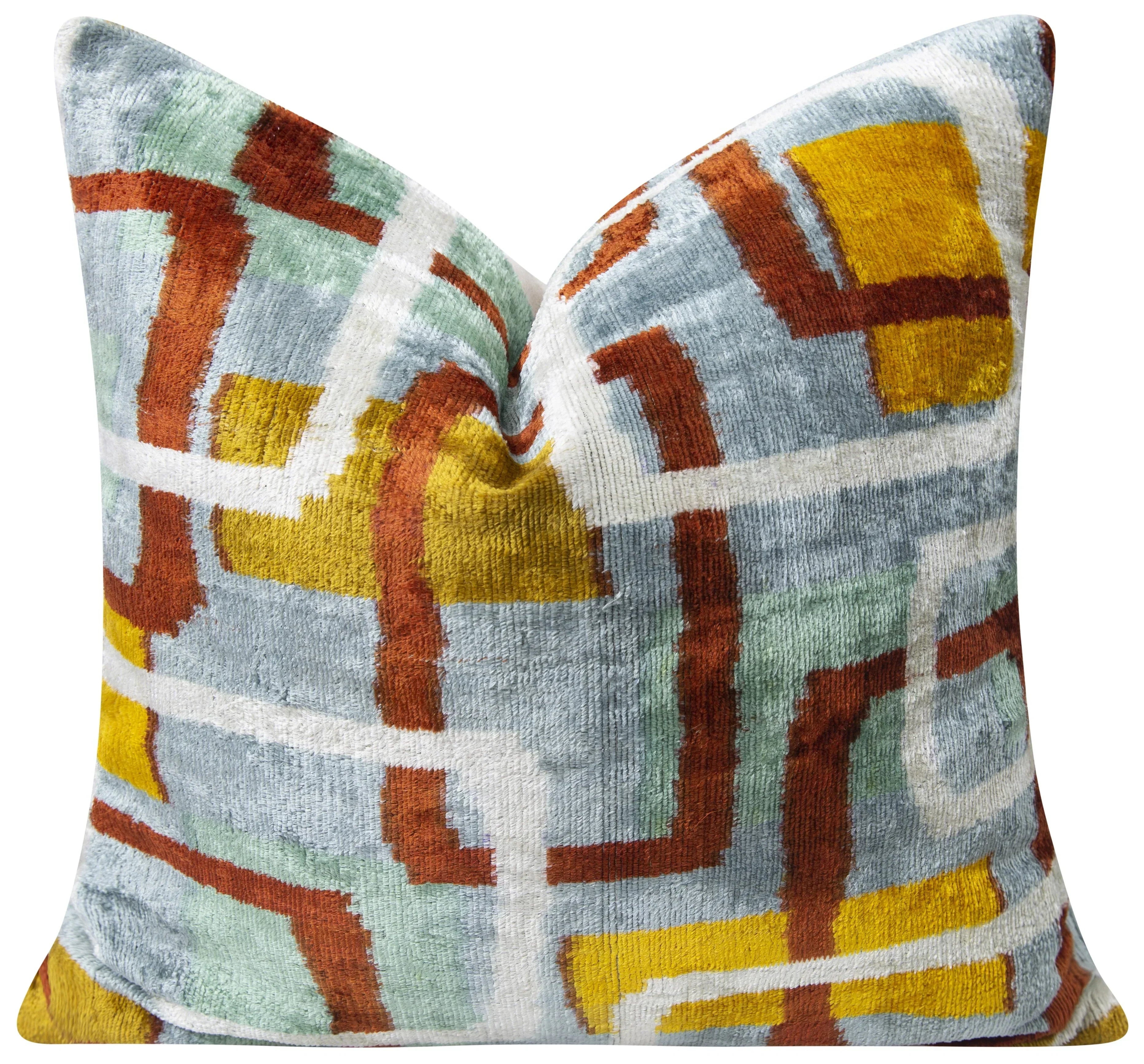 Handmade Silk Velvet Throw Pillow - 20x20, Modern Geometric Design in Burnt Orange, Yellow, and Mint Green with Down Feather Insert Canvello