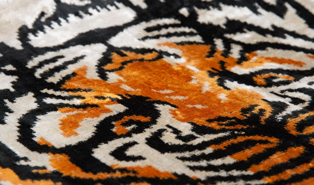 Handmade Silk Velvet Tiger Face Throw Pillow - 20x20, Bold Black, Orange, and White Design with Down Feather Insert Canvello
