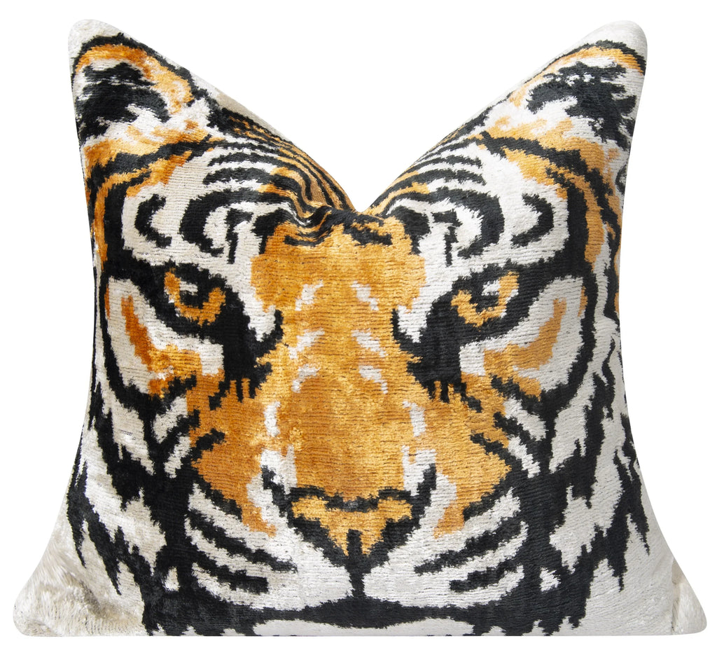 Handmade Silk Velvet Tiger Face Throw Pillow - 20x20, Bold Black, Orange, and White Design with Down Feather Insert Canvello