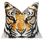 Handmade Silk Velvet Tiger Face Throw Pillow - 20x20, Bold Black, Orange, and White Design with Down Feather Insert Canvello