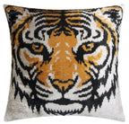 Handmade Silk Velvet Tiger Face Throw Pillow - 20x20, Bold Black, Orange, and White Design with Down Feather Insert Canvello
