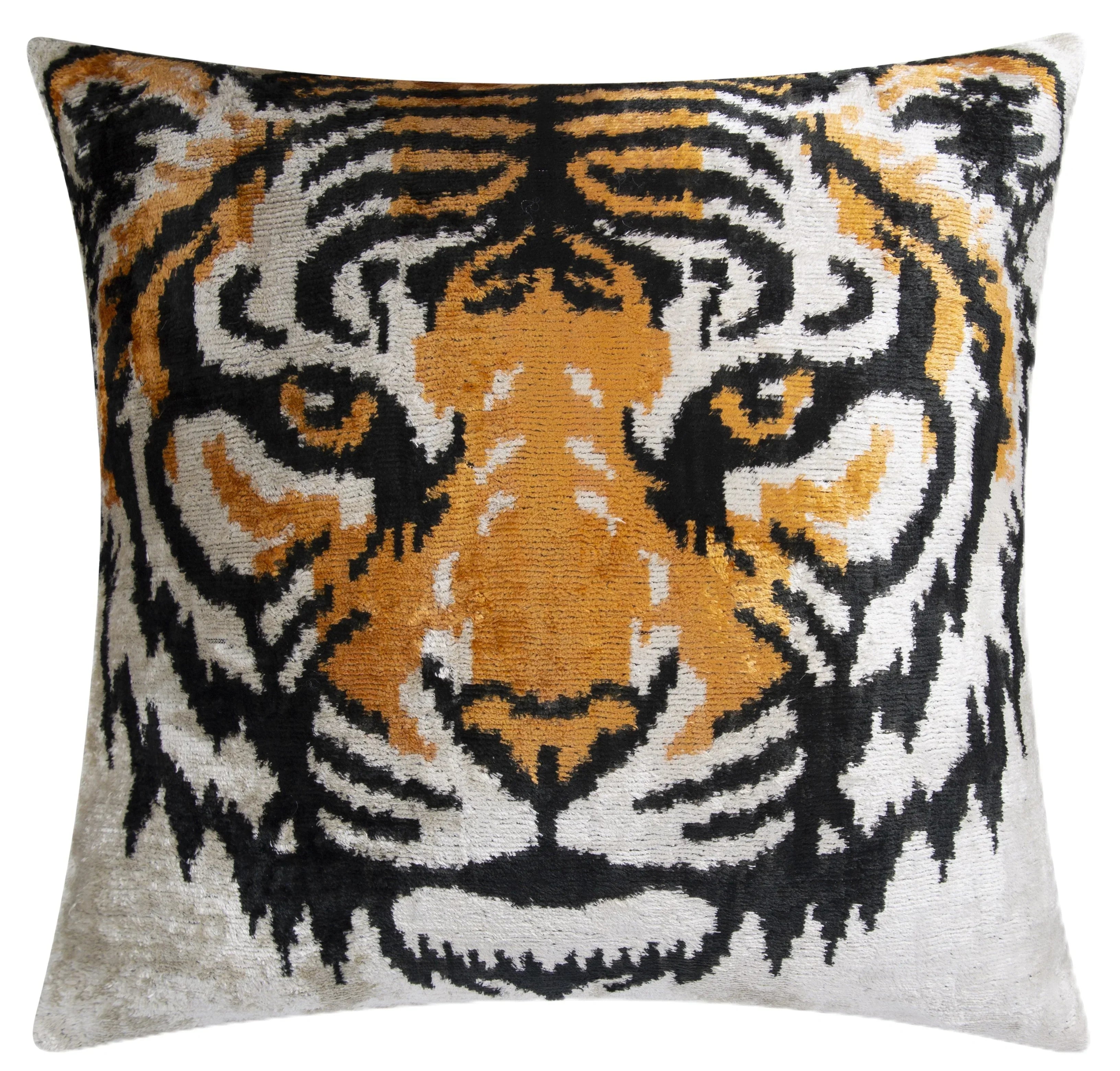 Handmade Silk Velvet Tiger Face Throw Pillow - 20x20, Bold Black, Orange, and White Design with Down Feather Insert Canvello