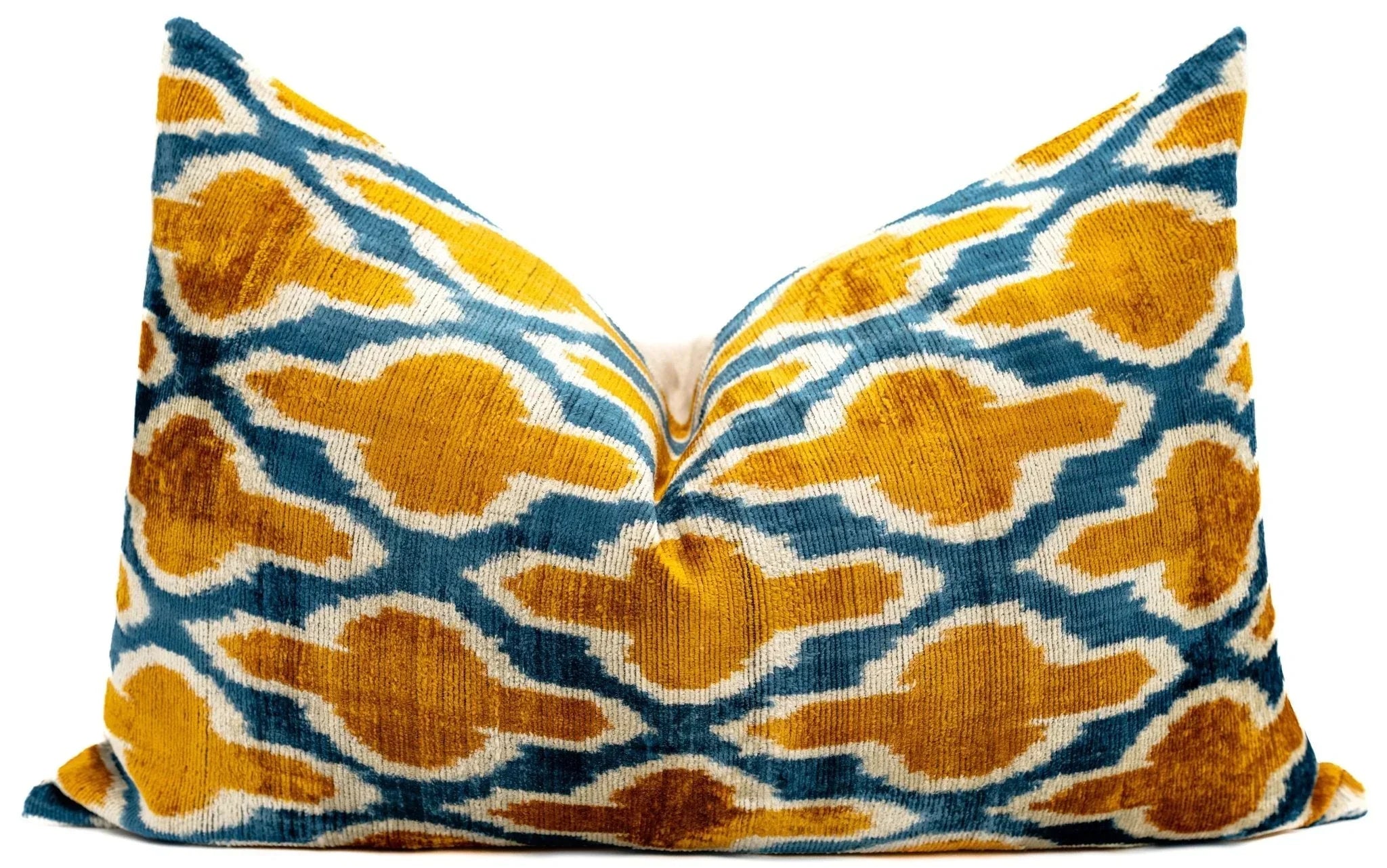 Handmade Throw Pillow Cover & Feather Insert | Gold Blue Geometric | Soft Throw Pillow| Luxury Decorative for Couch | 16 x 24 in Canvello