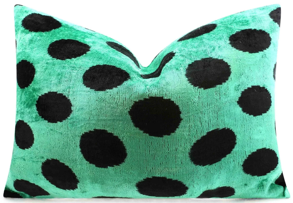 Handmade Velvet Lumbar Pillow in Green and Black Polka Dot Design - High-Quality 16x24 Inch Decorative Accent with Premium Down Feather Insert Canvello