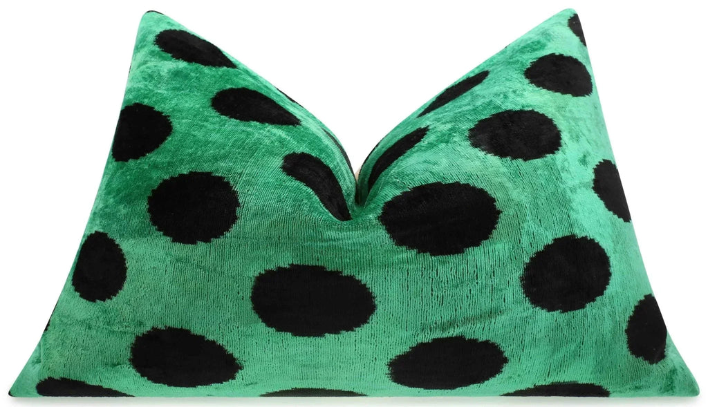 Handmade Velvet Lumbar Pillow in Green and Black Polka Dot Design - High-Quality 16x24 Inch Decorative Accent with Premium Down Feather Insert Canvello