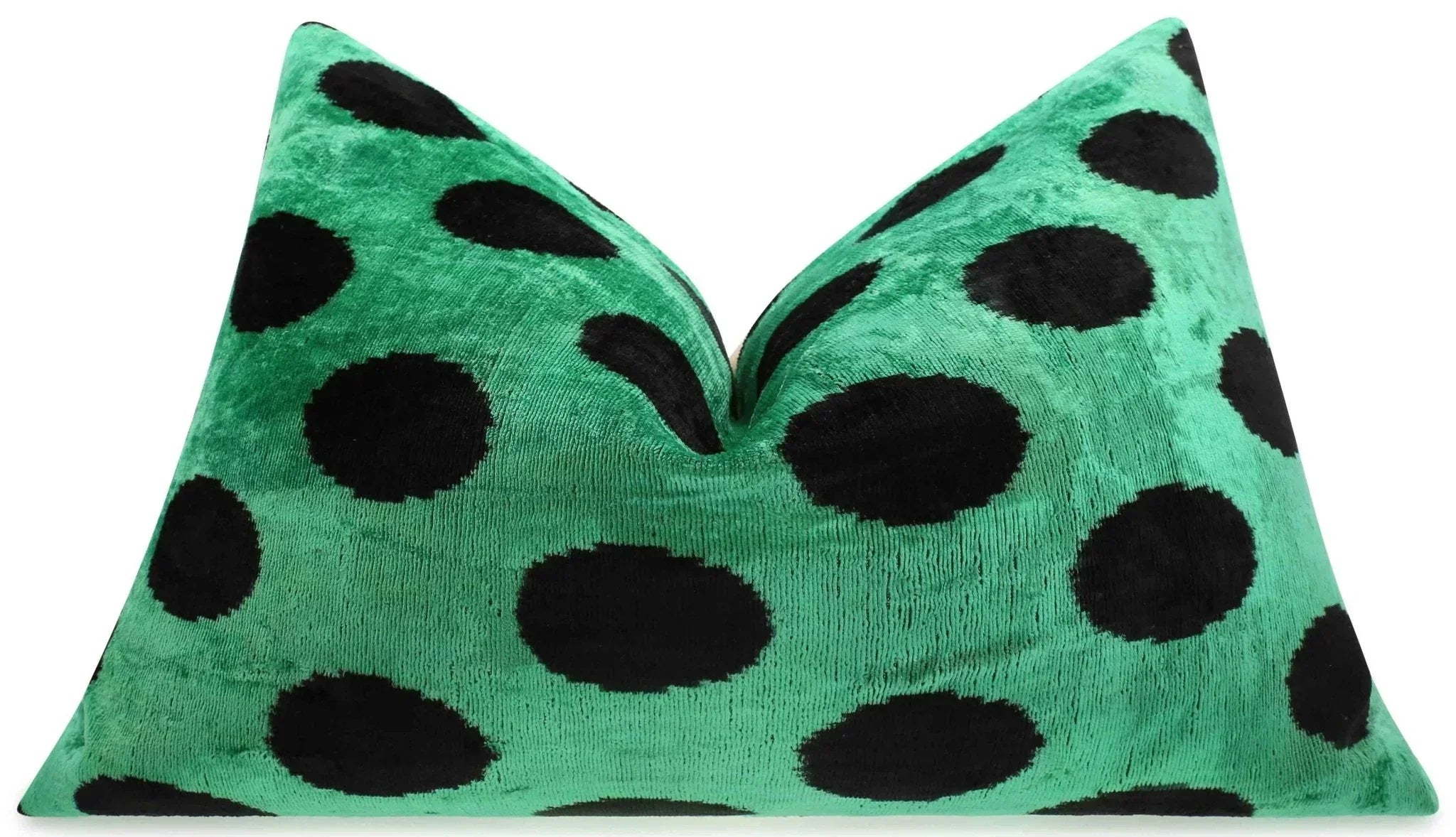 Handmade Velvet Lumbar Pillow in Green and Black Polka Dot Design - High-Quality 16x24 Inch Decorative Accent with Premium Down Feather Insert Canvello