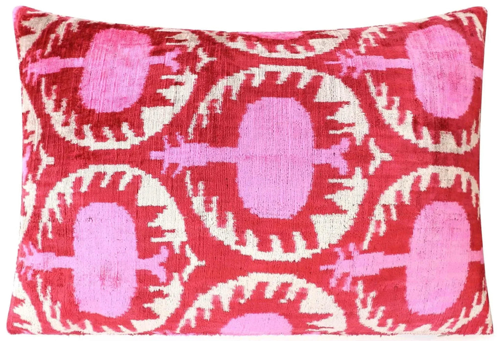 Handmade Velvet Lumbar Pillow in Red and Pink Ikat Floral Design - High-Quality 16x24 Inch Decorative Accent with Premium Down Feather Insert Canvello