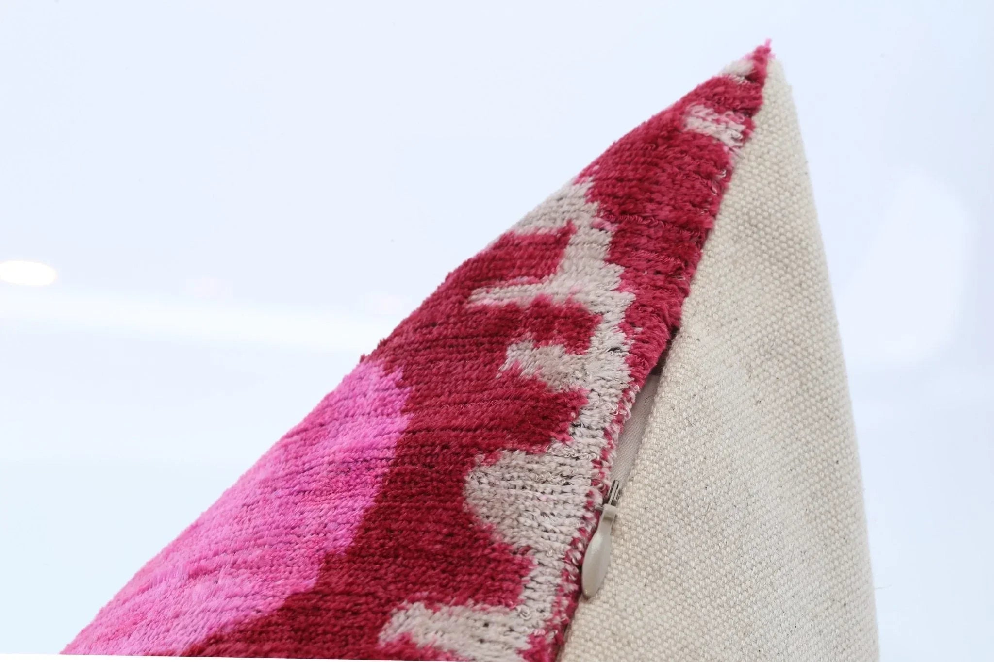 Handmade Velvet Lumbar Pillow in Red and Pink Ikat Floral Design - High-Quality 16x24 Inch Decorative Accent with Premium Down Feather Insert Canvello