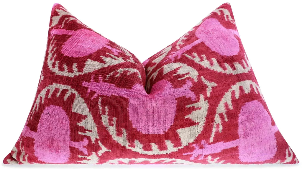 Handmade Velvet Lumbar Pillow in Red and Pink Ikat Floral Design - High-Quality 16x24 Inch Decorative Accent with Premium Down Feather Insert Canvello