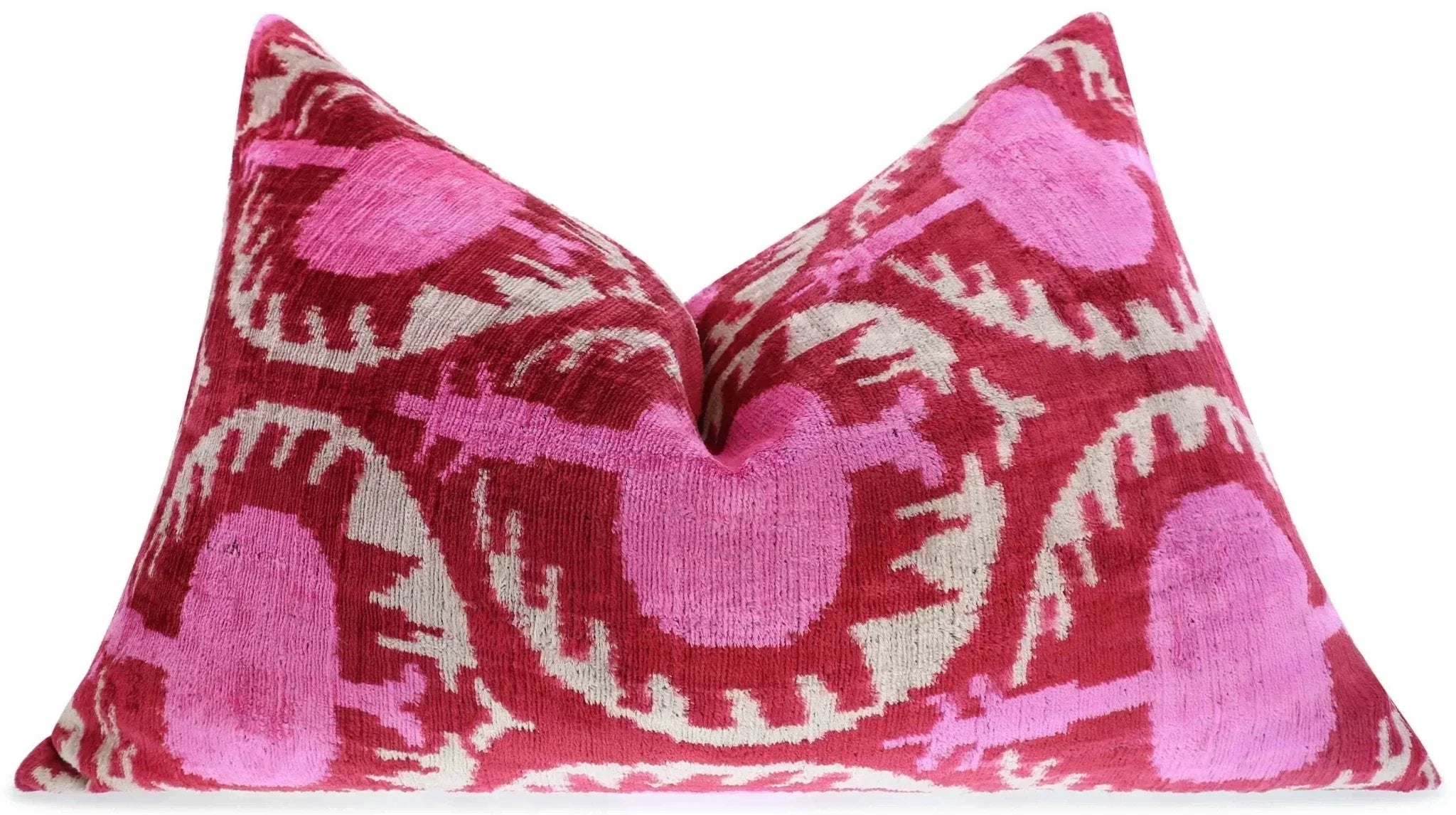 Handmade Velvet Lumbar Pillow in Red and Pink Ikat Floral Design - High-Quality 16x24 Inch Decorative Accent with Premium Down Feather Insert Canvello