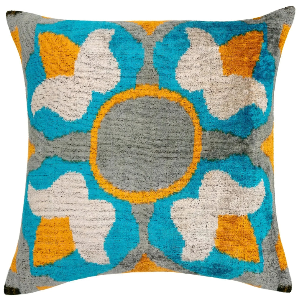 Handmade Velvet Throw Pillow with Blue, Yellow, and Gray Geometric Design - High-Quality 20x20 Inch Decorative Accent with Premium Down Feather Insert for Sofas, Couches, and Interior Design" Canvello