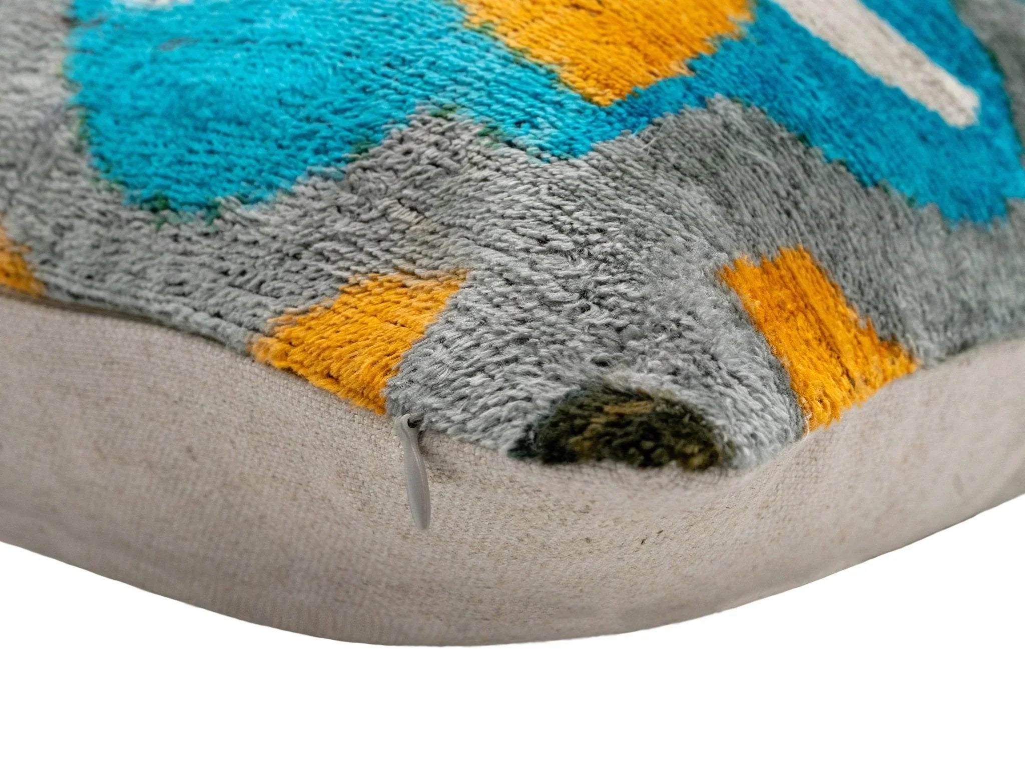 Handmade Velvet Throw Pillow with Blue, Yellow, and Gray Geometric Design - High-Quality 20x20 Inch Decorative Accent with Premium Down Feather Insert for Sofas, Couches, and Interior Design" Canvello