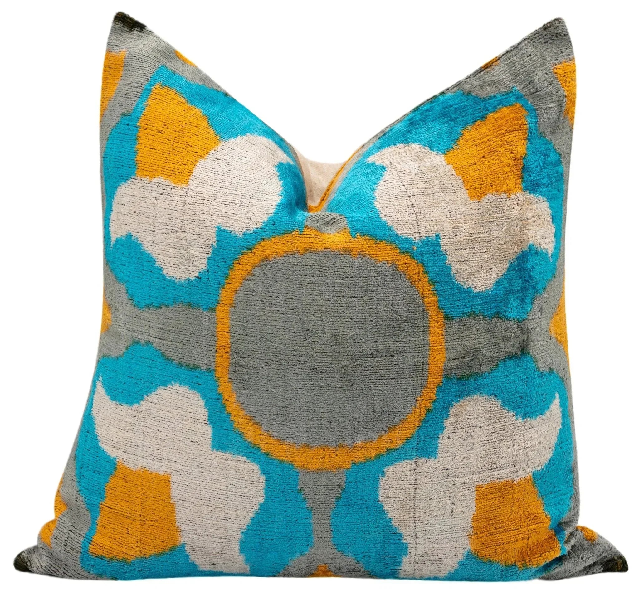Handmade Velvet Throw Pillow with Blue, Yellow, and Gray Geometric Design - High-Quality 20x20 Inch Decorative Accent with Premium Down Feather Insert for Sofas, Couches, and Interior Design" Canvello