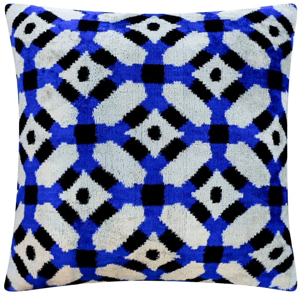 Handmade Velvet Throw Pillow with Blue and Black Geometric Design - High-Quality 20x20 Inch Decorative Accent with Premium Down Feather Insert Canvello