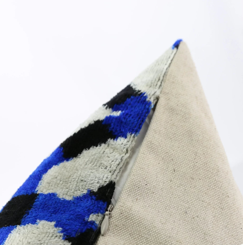Handmade Velvet Throw Pillow with Blue and Black Geometric Design - High-Quality 20x20 Inch Decorative Accent with Premium Down Feather Insert Canvello