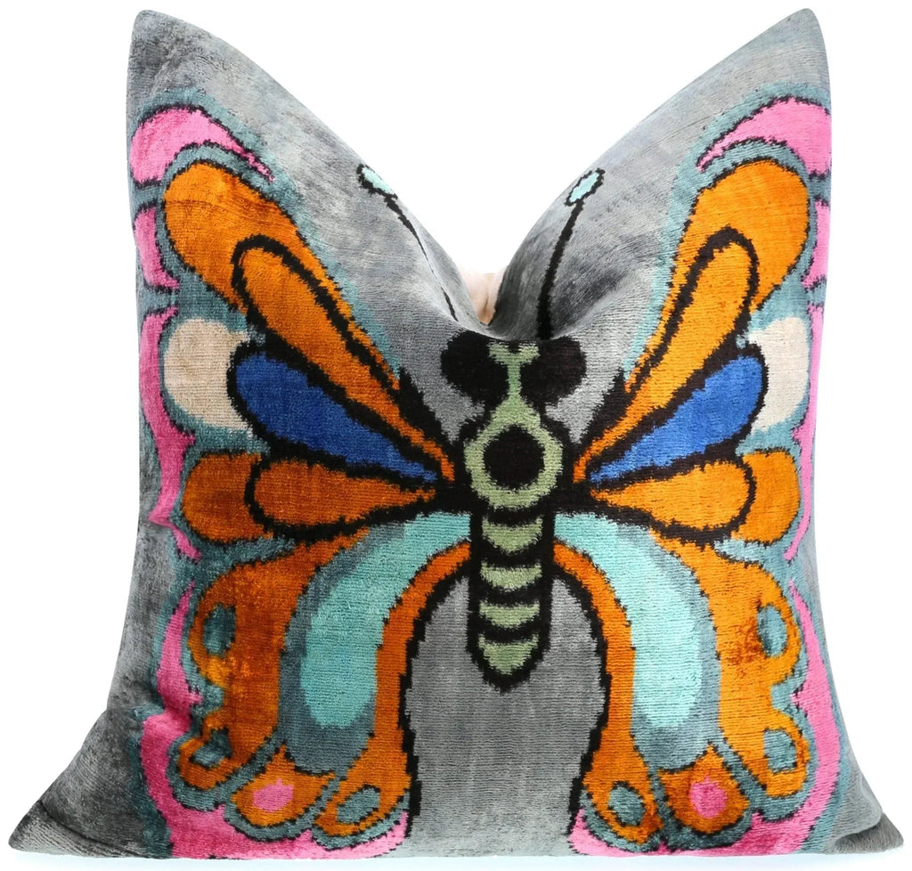 Handmade Velvet Throw Pillow with Colorful Butterfly Design - High-Quality 20x20 Inch Decorative Accent with Premium Down Feather Insert Canvello