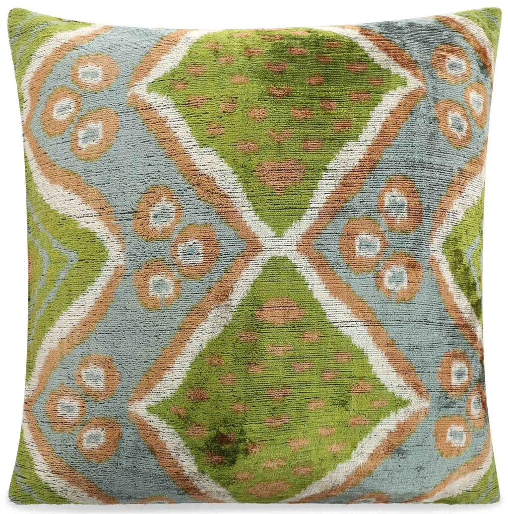 Handmade Velvet Throw Pillow with Green and Blue Geometric Ikat Design - High-Quality 20x20 Inch Decorative Accent with Premium Down Feather Insert Canvello
