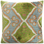 Handmade Velvet Throw Pillow with Green and Blue Geometric Ikat Design - High-Quality 20x20 Inch Decorative Accent with Premium Down Feather Insert Canvello