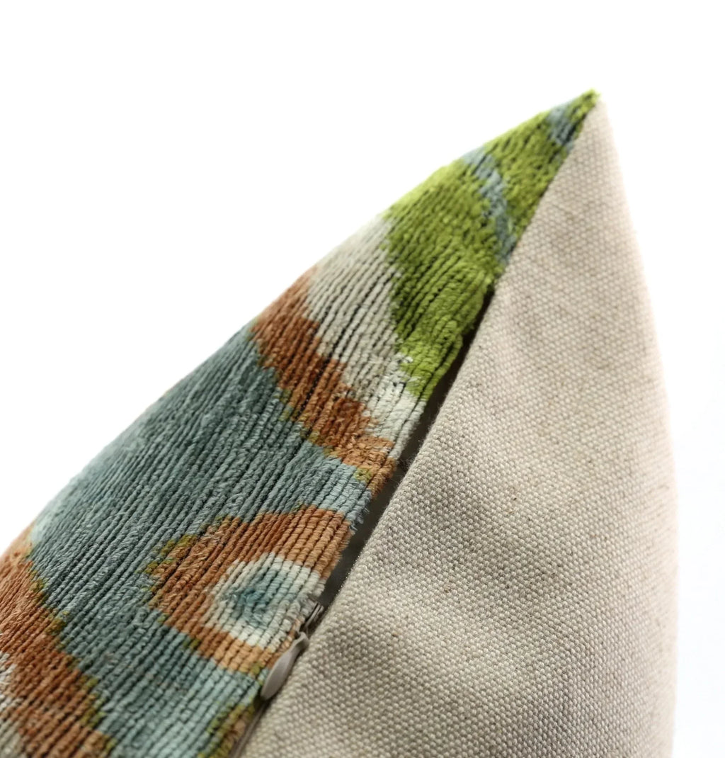 Handmade Velvet Throw Pillow with Green and Blue Geometric Ikat Design - High-Quality 20x20 Inch Decorative Accent with Premium Down Feather Insert Canvello