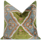 Handmade Velvet Throw Pillow with Green and Blue Geometric Ikat Design - High-Quality 20x20 Inch Decorative Accent with Premium Down Feather Insert Canvello