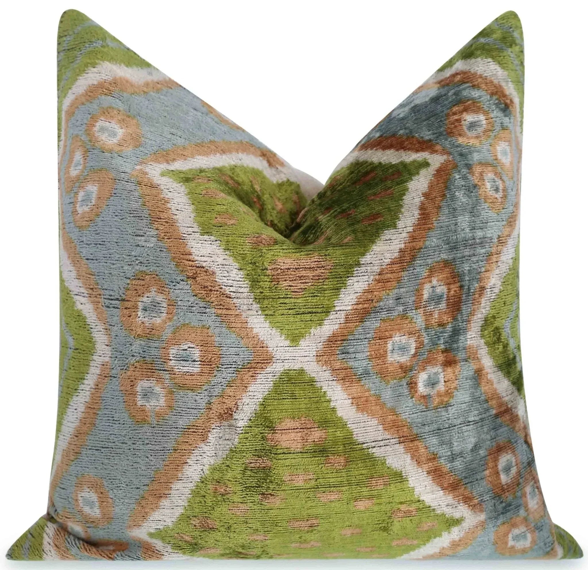 Handmade Velvet Throw Pillow with Green and Blue Geometric Ikat Design - High-Quality 20x20 Inch Decorative Accent with Premium Down Feather Insert Canvello
