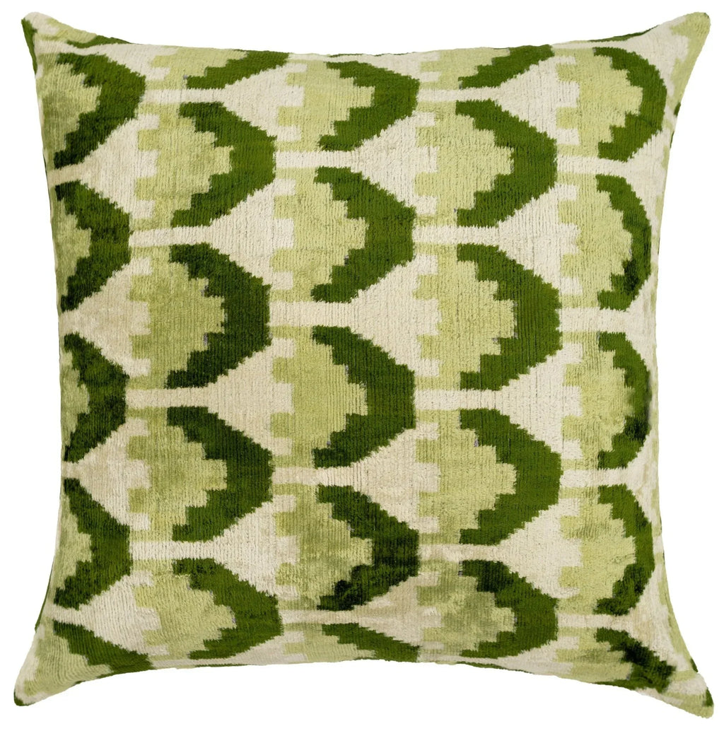 Handmade Velvet Throw Pillow with Green and Cream Geometric Design - High-Quality 20x20 Inch Decorative Accent with Premium Down Feather Insert Canvello