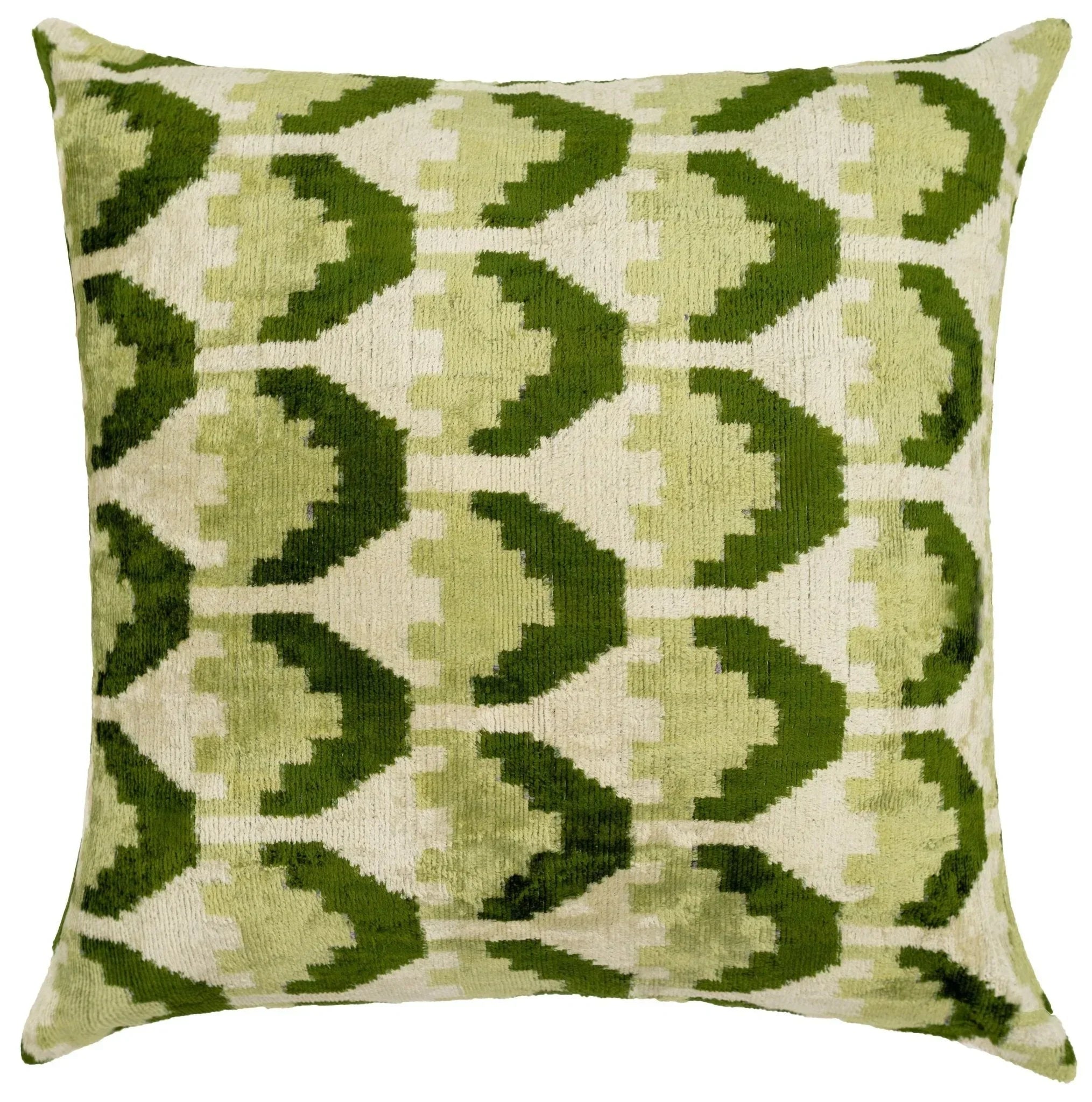 Handmade Velvet Throw Pillow with Green and Cream Geometric Design - High-Quality 20x20 Inch Decorative Accent with Premium Down Feather Insert Canvello
