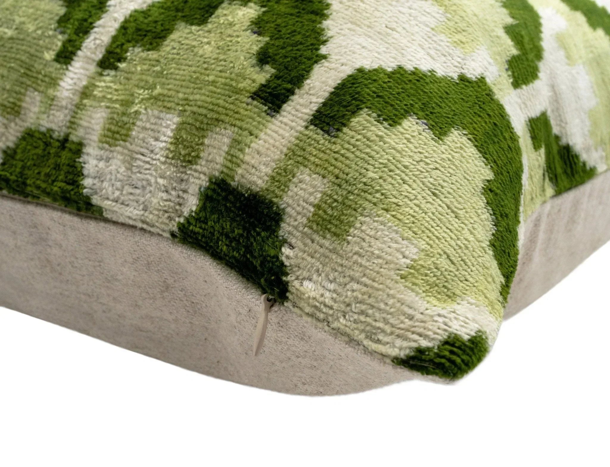 Handmade Velvet Throw Pillow with Green and Cream Geometric Design - High-Quality 20x20 Inch Decorative Accent with Premium Down Feather Insert Canvello