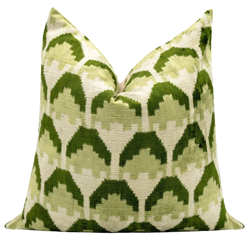 Handmade Velvet Throw Pillow with Green and Cream Geometric Design - High-Quality 20x20 Inch Decorative Accent with Premium Down Feather Insert Canvello