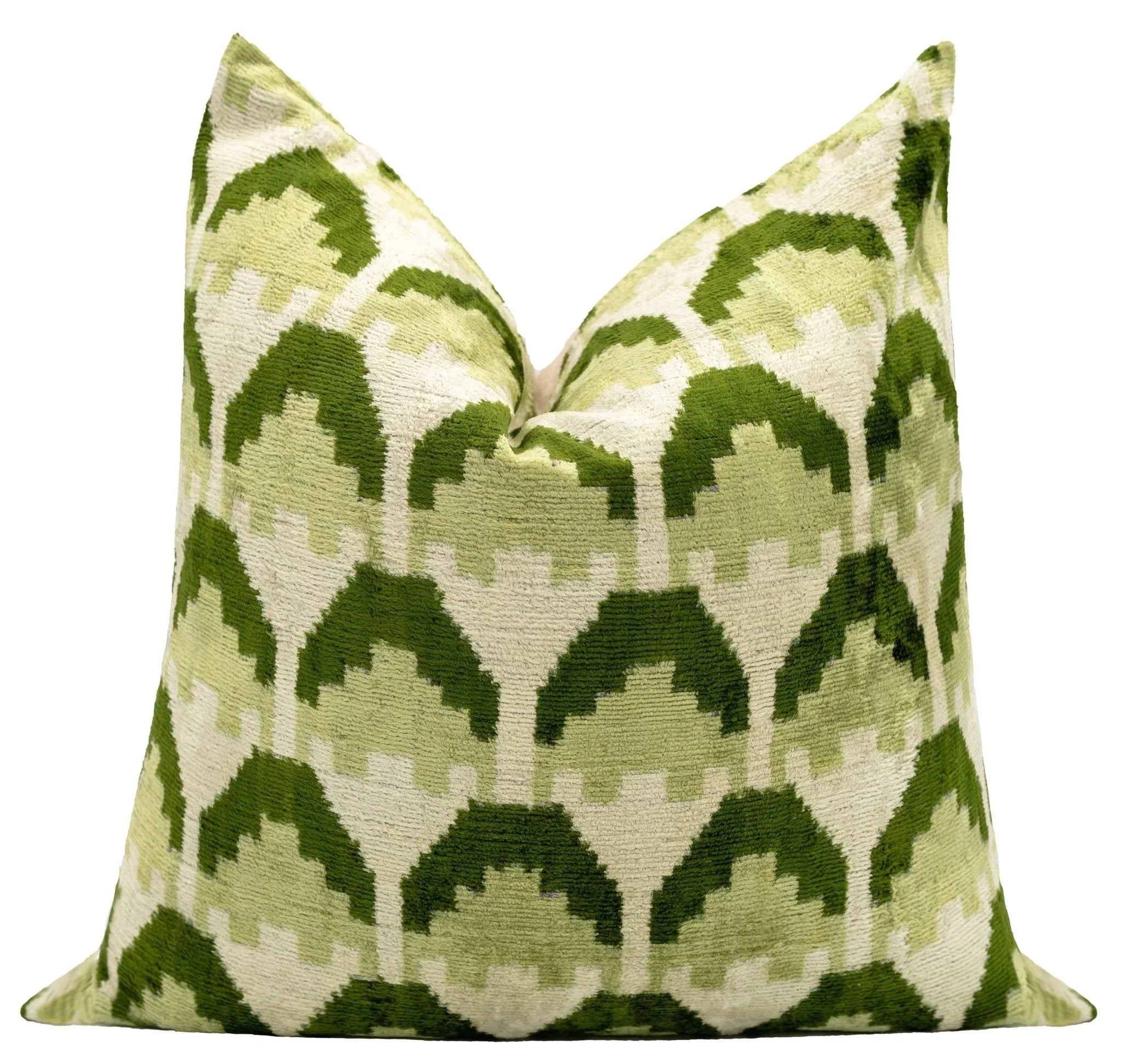 Handmade Velvet Throw Pillow with Green and Cream Geometric Design - High-Quality 20x20 Inch Decorative Accent with Premium Down Feather Insert Canvello