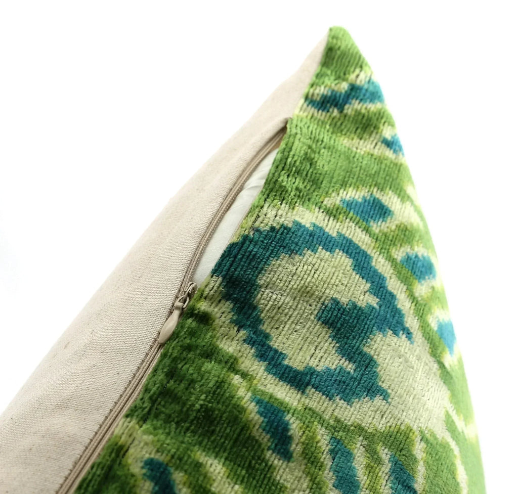 Handmade Velvet Throw Pillow with Green and Teal Ikat Design - High-quality 20x20 Inch Decorative Accent... - House Of Avana