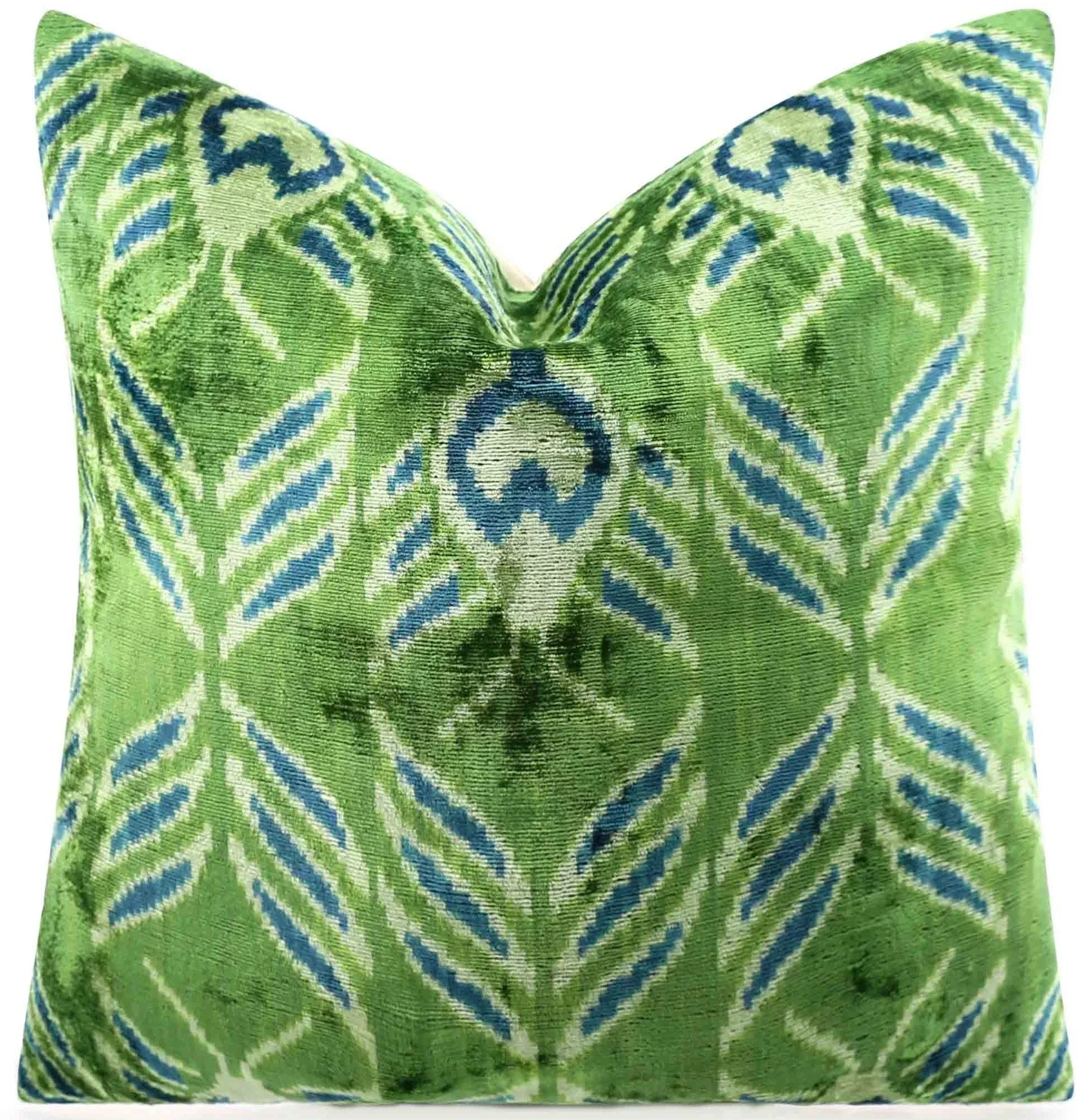 Handmade Velvet Throw Pillow with Green and Teal Ikat Design - High-quality 20x20 Inch Decorative Accent... - House Of Avana