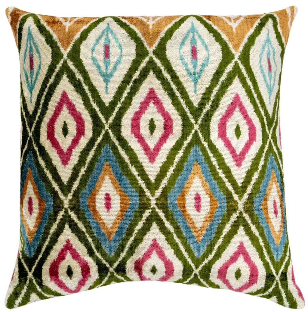 Handmade Velvet Throw Pillow with Multicolor Diamond Ikat Design - High-Quality 20x20 Inch Decorative Accent with Premium Down Feather Insert Canvello