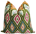 Handmade Velvet Throw Pillow with Multicolor Diamond Ikat Design - High-Quality 20x20 Inch Decorative Accent with Premium Down Feather Insert Canvello