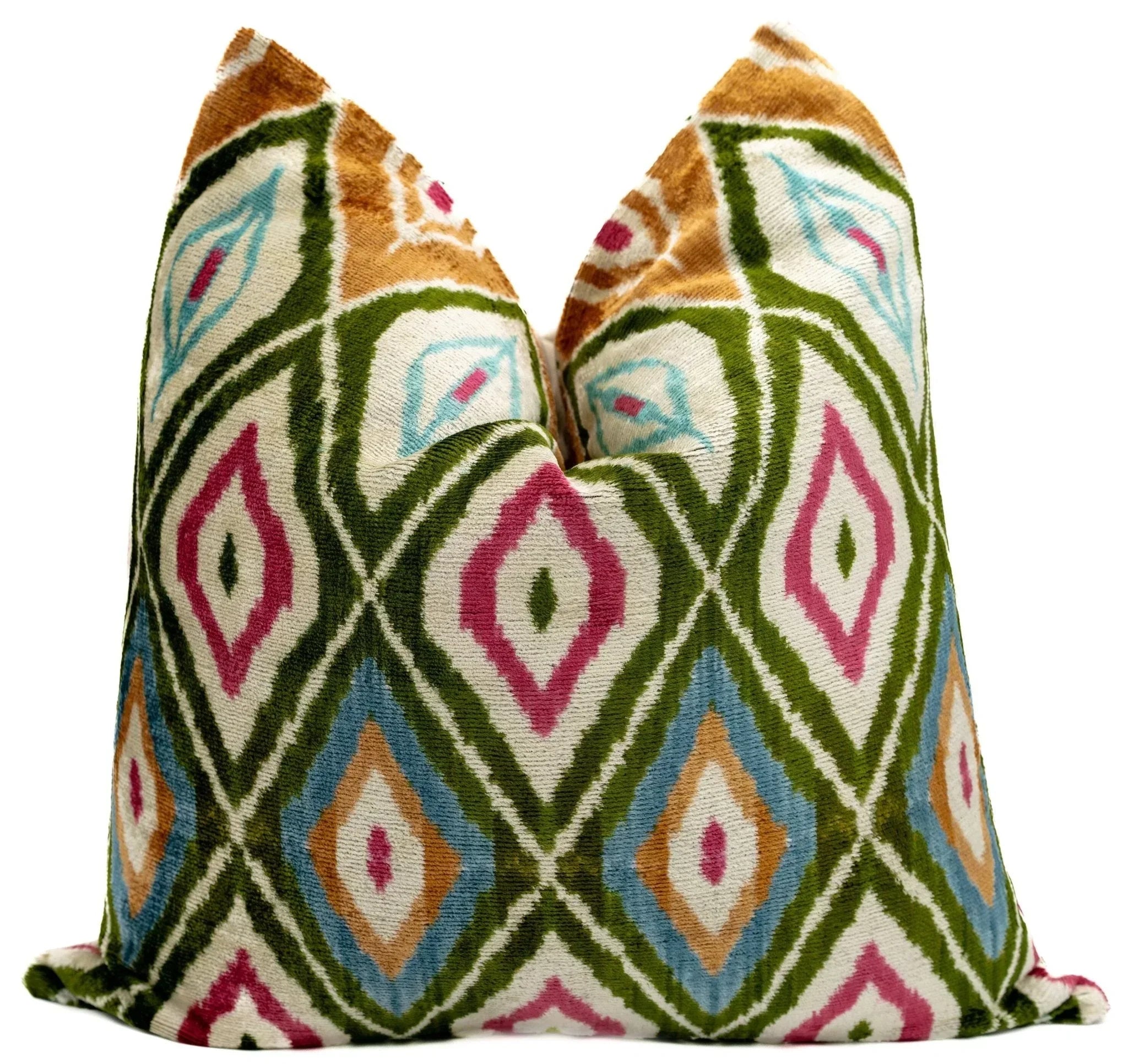 Handmade Velvet Throw Pillow with Multicolor Diamond Ikat Design - High-Quality 20x20 Inch Decorative Accent with Premium Down Feather Insert Canvello
