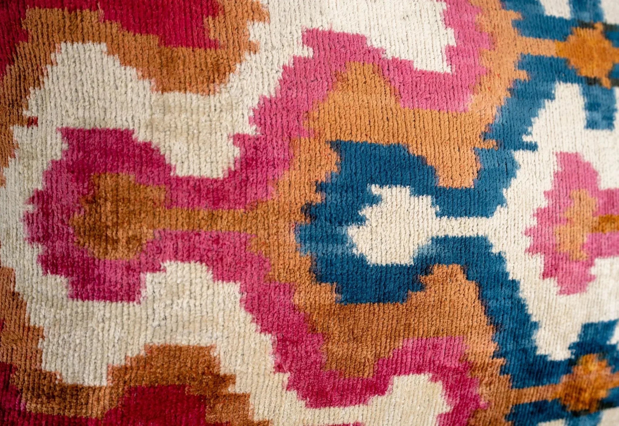 Handmade Velvet Throw Pillow with Pink, Blue, and Tan Ikat Design - High-Quality 20x20 Inch Decorative Accent with Premium Down Feather Insert Canvello
