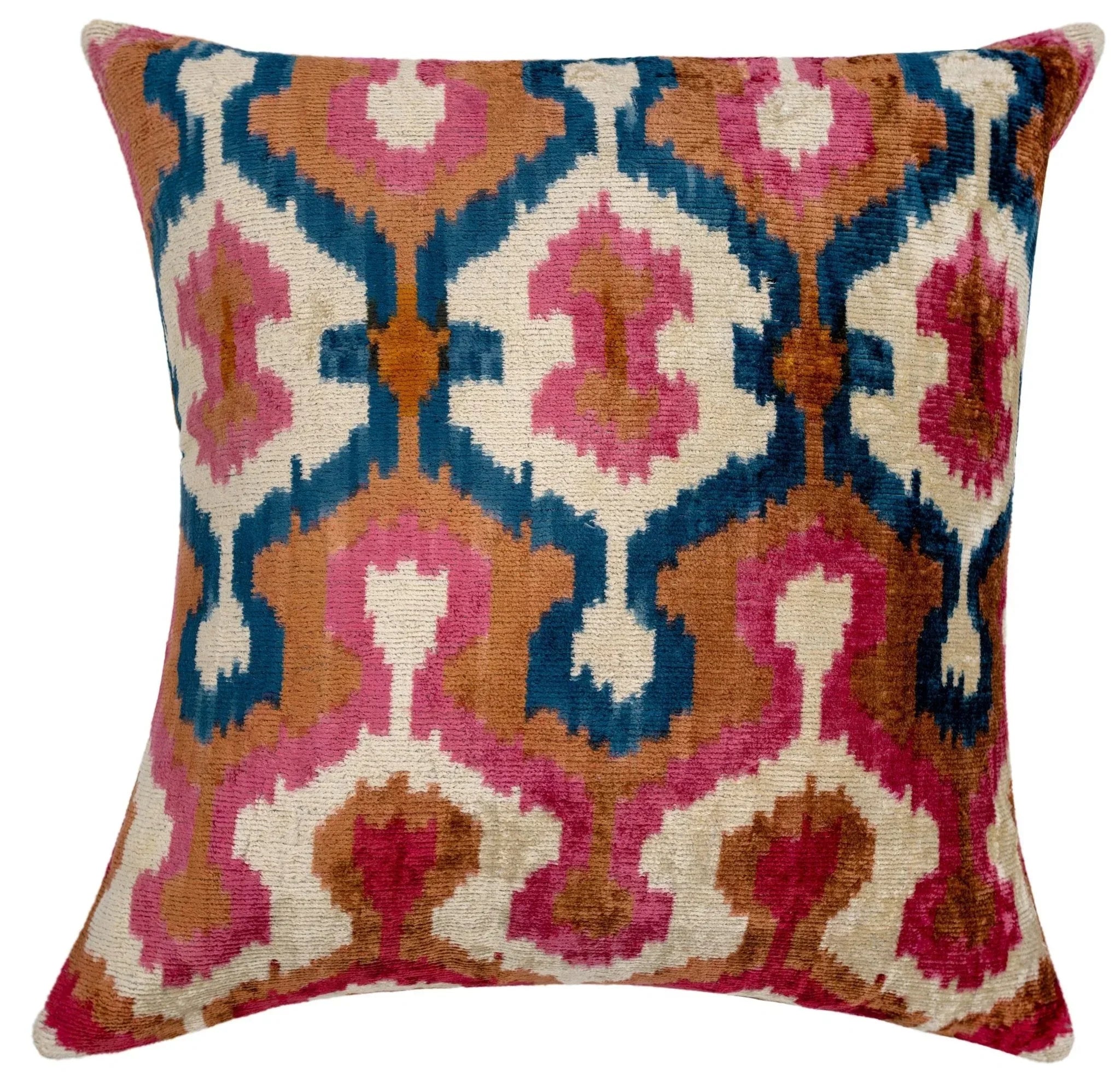 Handmade Velvet Throw Pillow with Pink, Blue, and Tan Ikat Design - High-Quality 20x20 Inch Decorative Accent with Premium Down Feather Insert Canvello