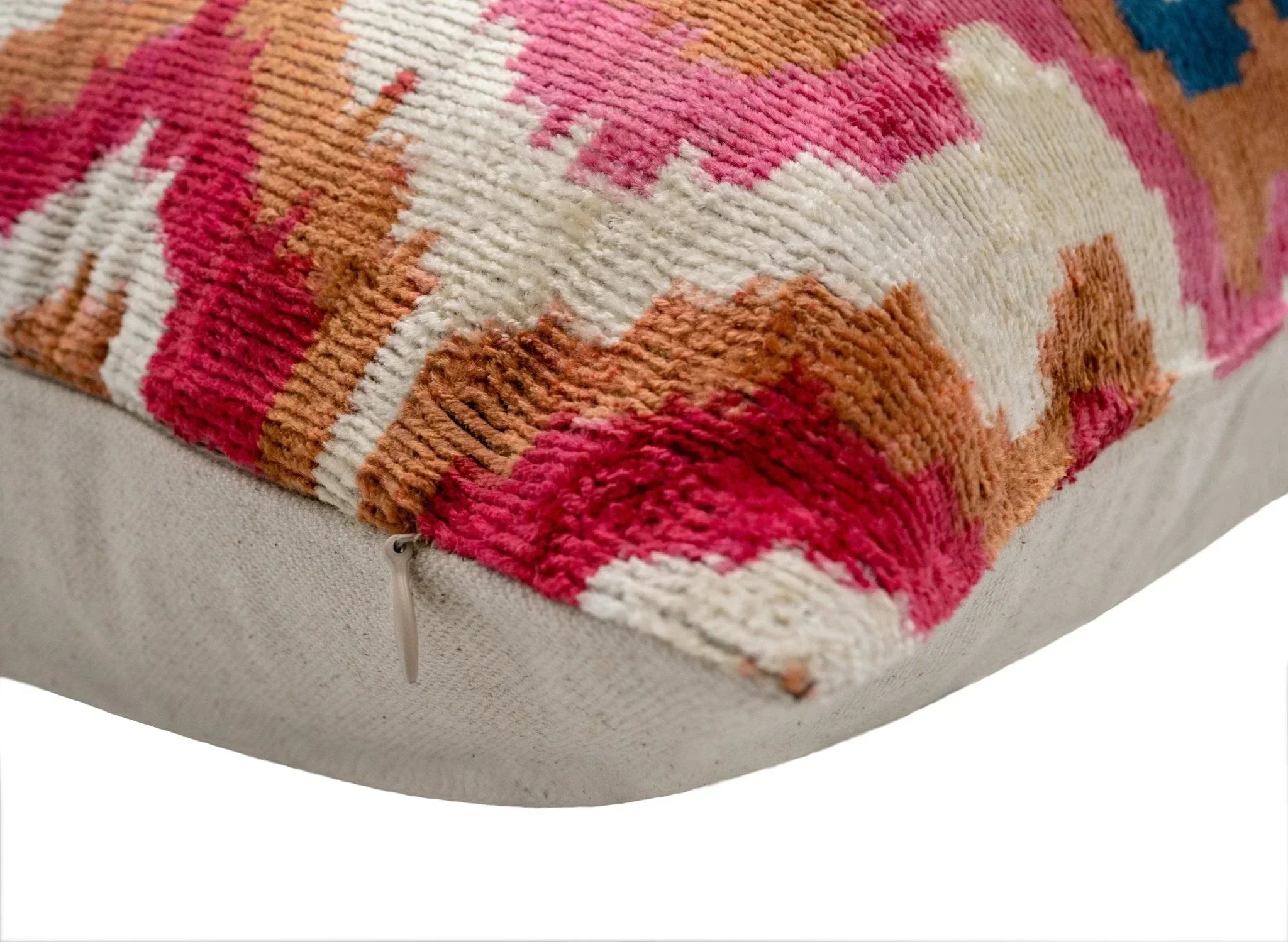Handmade Velvet Throw Pillow with Pink, Blue, and Tan Ikat Design - High-Quality 20x20 Inch Decorative Accent with Premium Down Feather Insert Canvello
