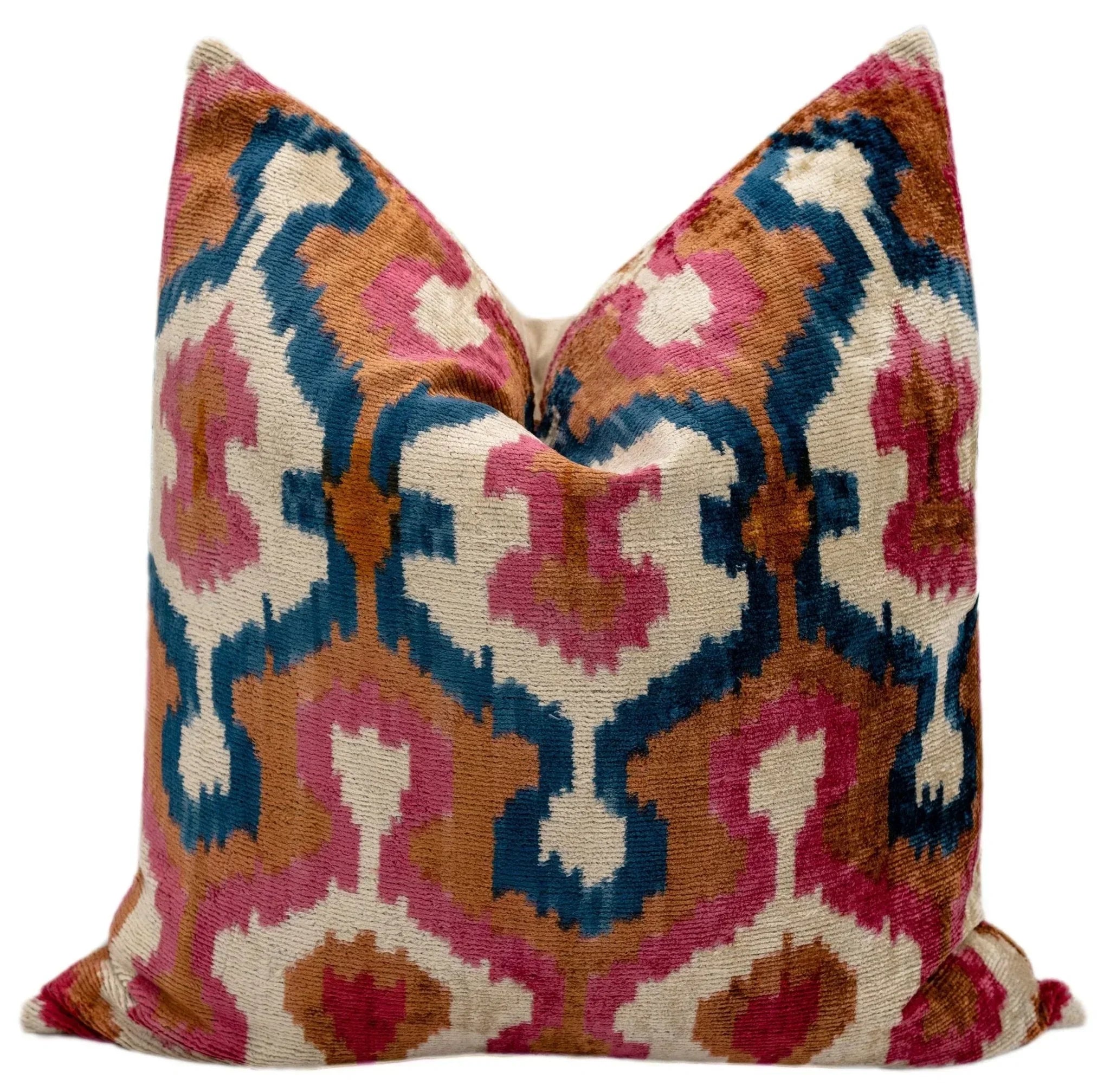 Handmade Velvet Throw Pillow with Pink, Blue, and Tan Ikat Design - High-Quality 20x20 Inch Decorative Accent with Premium Down Feather Insert Canvello