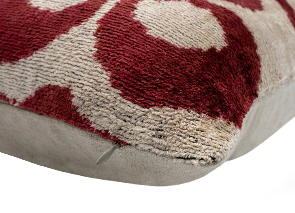 Handmade Velvet Throw Pillow with Red and Beige Geometric Design - High-quality 20x20 Inch Decorative... - House Of Avana