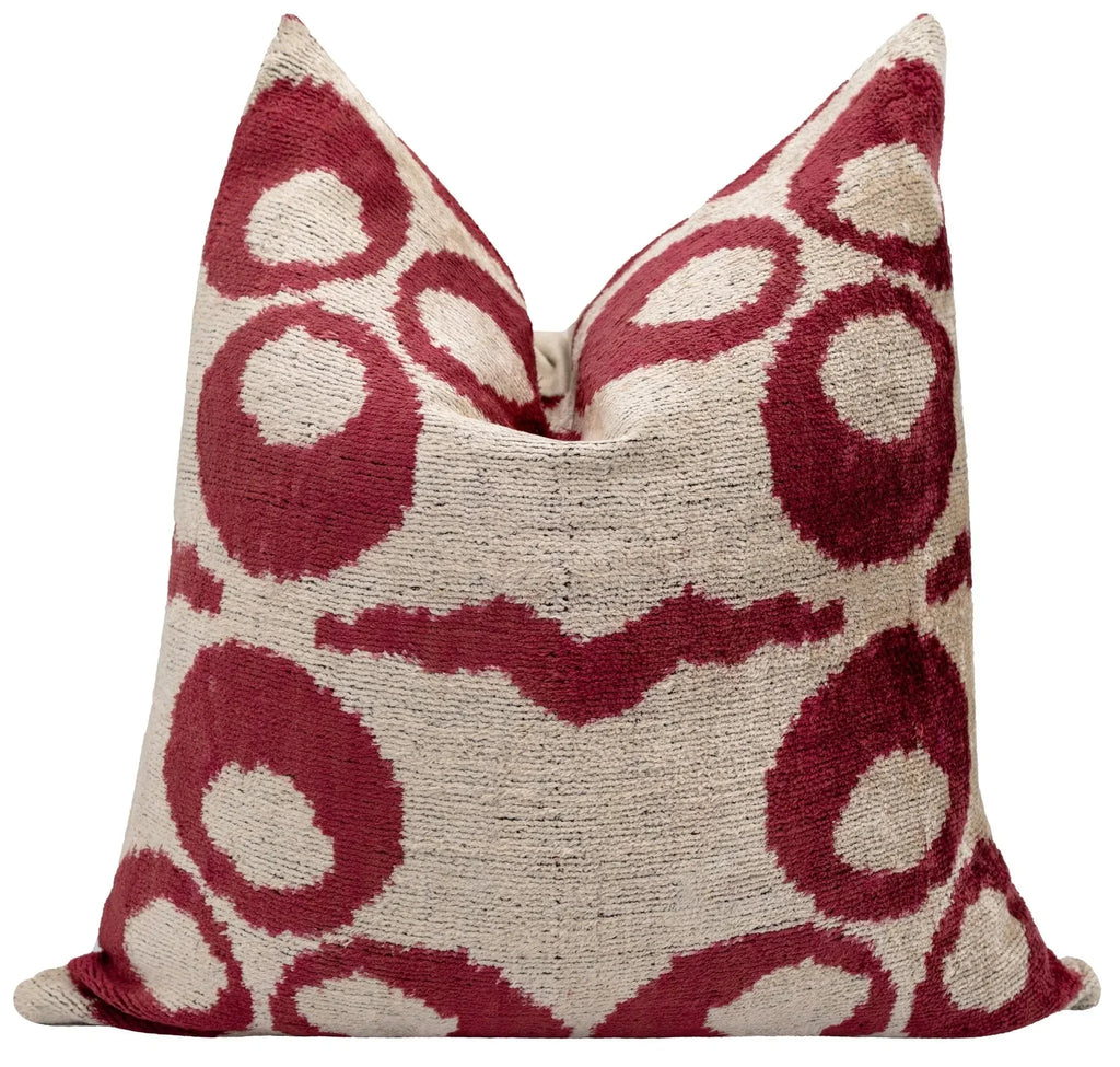 Handmade Velvet Throw Pillow with Red and Beige Geometric Design - High-quality 20x20 Inch Decorative... - House Of Avana